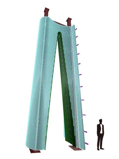 The 3D model of a parabolic steel arch and a silhouette of a 170cm tall man.