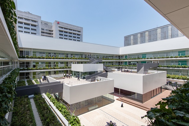 Each face of the building within this courtyard is installed as a single panel