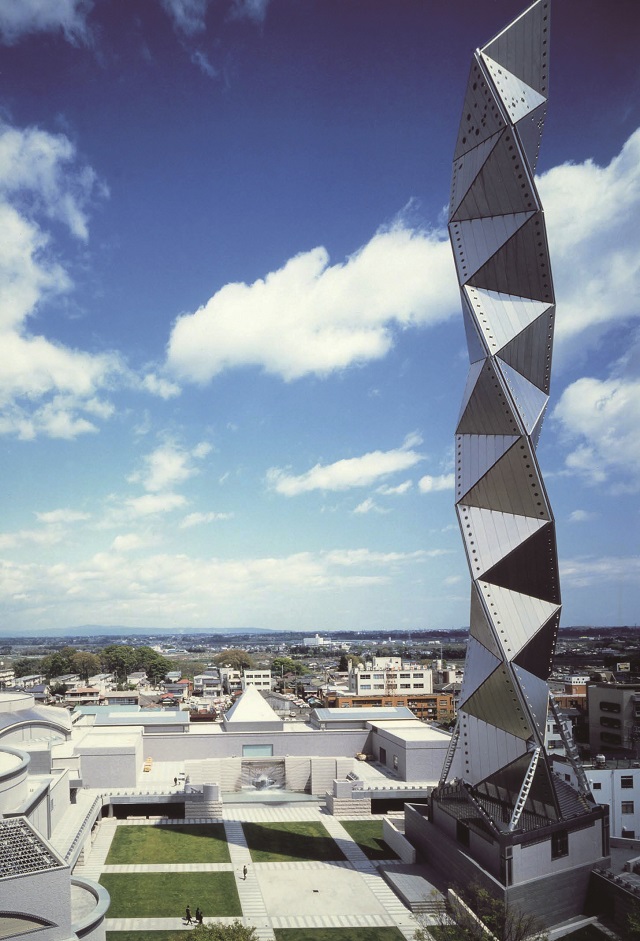 Art Tower Mito: 100m tall triple helix structure composed of titanium panels.