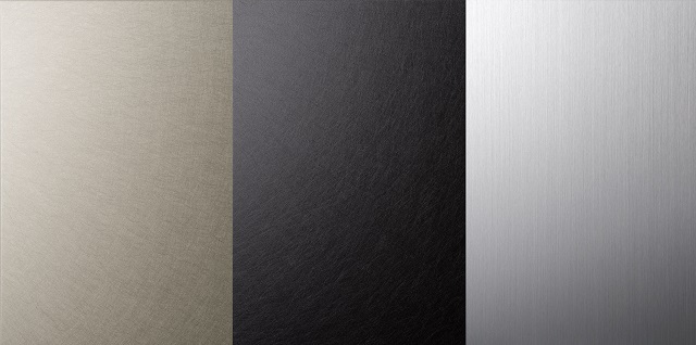 Other examples of grinding and anodized finish. From the left, vibration (VIB or PHL) ＋ anodization in champagne gold, black, and hairline (D-HL) ＋ anodization in silver.