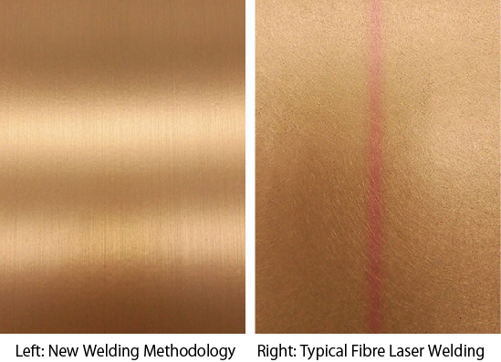 Left: Welded bronze with the new methodology. Right: Typical bronze welding with fibre laser. The red heat tint is visible.