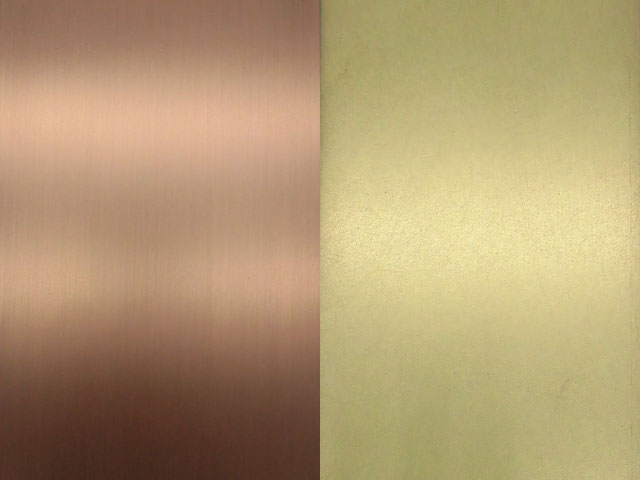 Left: Hairline (HL) and copper plated stainless steel. Right: Vibration (PHL) and brass plated stainless steel. Recognizing plated samples are a challenge.