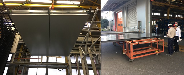 Photos from the factory QC inspection. Left: Aluminium soffit panels. Right: Aluminium column covers.