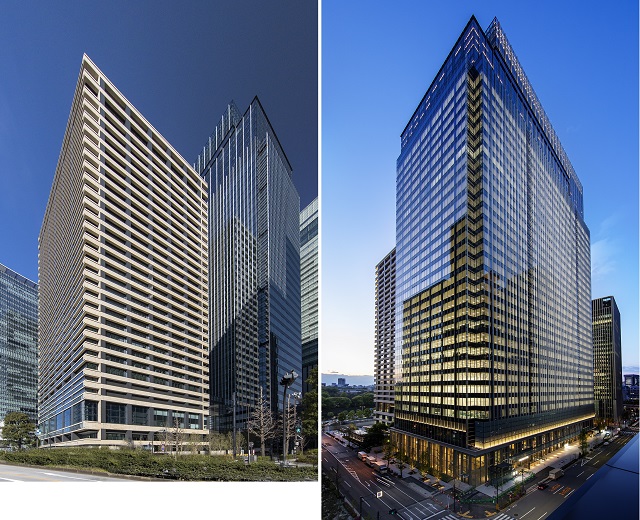 Left: Otemachi One Mitsui & CO. Building. Right: Otemachi One Tower.<br>Kikukawa participated in the metal construction in the lower tiers.