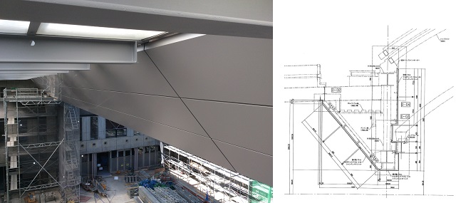 Left: Panels adjacent to the top light. Right: The cross section drawing of the aluminium composite panel