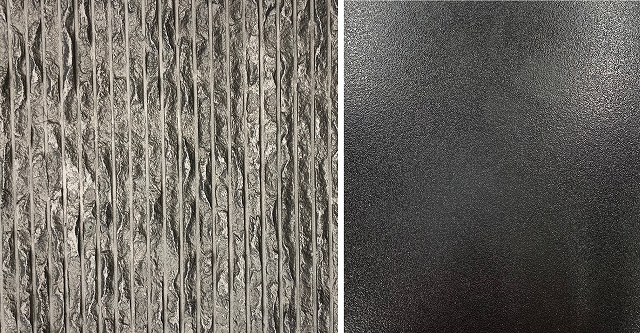 Left: bush hammering patterned die-cast with bespoke black paint. Right: Bead patterned die-cast aluminium with black paint.