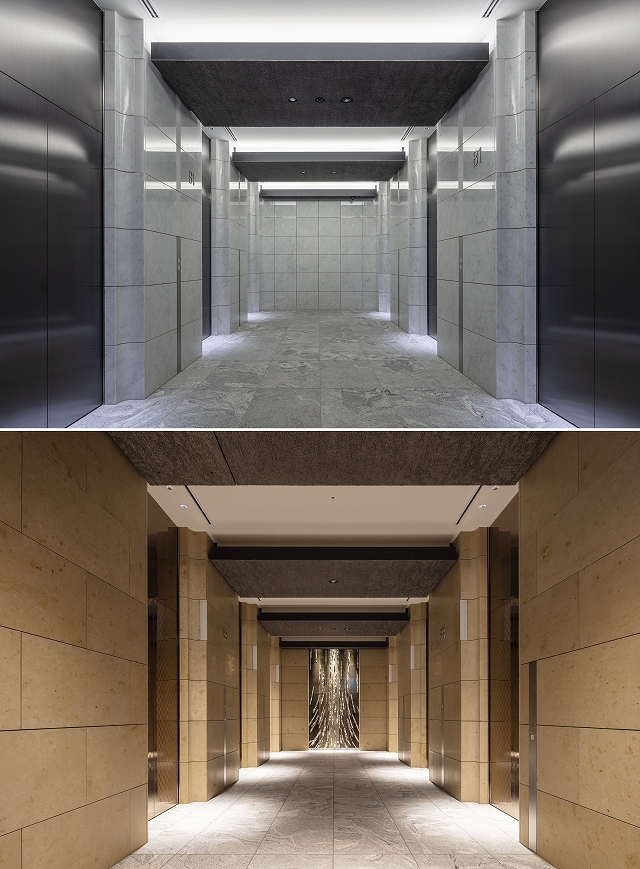 The same die-casted aluminium panels decorate the two elevator halls