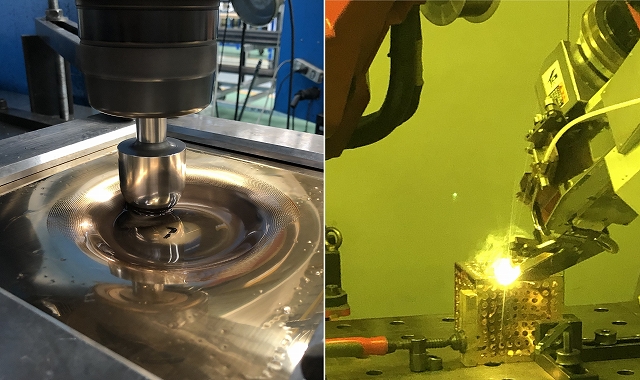 (Left) Using incremental forming to create an indentation
(Right) Using fibre laser welding to form the 3D shape

