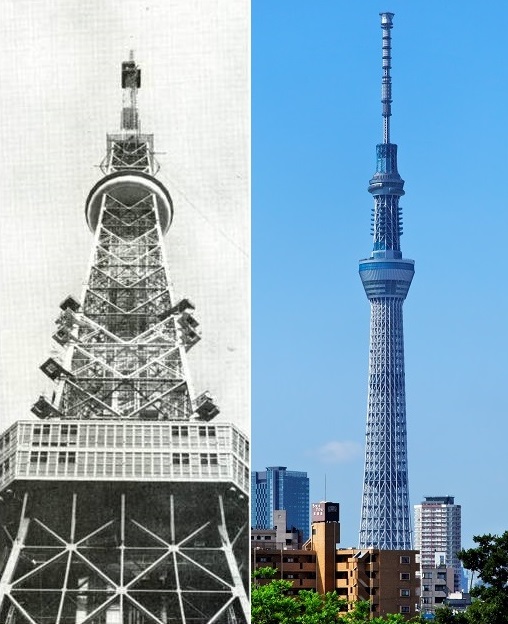 両タワーとも展望台パネルを製作施工している(左:東京タワー・右:東京スカイツリー)
