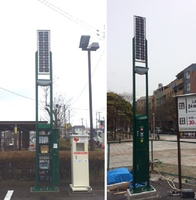 ソーラーLED街路灯「エコアヴェニューこみち(防災タイプ)」<左:リバーク横芝駅前駐車場 右:リパーク幕張ベイタウン駐車場>