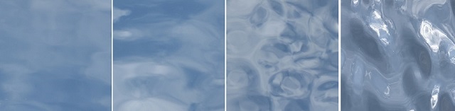 従来の標準水面パネルパターンとの比較（外部で空を映した状態で撮影）
左から、おだやか、ゆらぎ、さざなみ、せせらぎ
